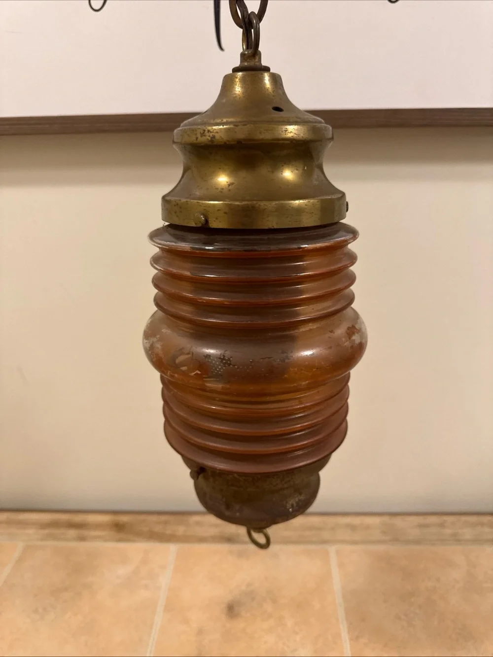Vintage Brass Nautical Red Glass Electric Hanging Pendant Lamp